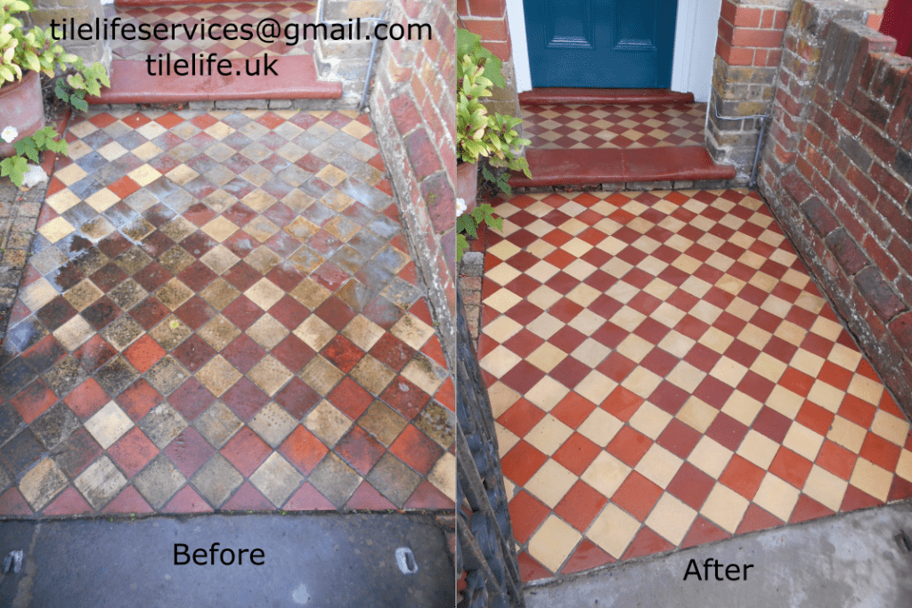 A yellow and red style quarry tile that was cleaned and sealed on this front pathway in Tring