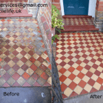 This is a Victorian style quarry tiled pathway with yellow and red quarry tiles that we deep cleaned and sealed in Tring Hertfordshire