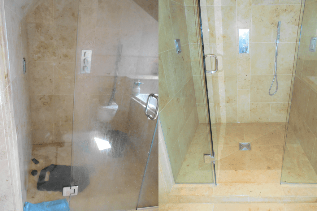 Travertine stone shower cleaned, Polished and refurbished in St Albans Hertfordshire