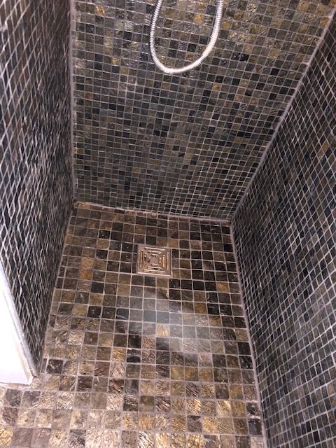 slate mosaic tile shower clean (before)