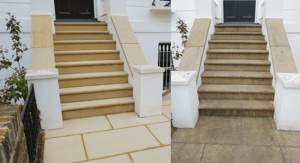 Sandstone Yorkstone tiles and steps deep cleaned