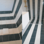 white and green linear design square cement tiles in shower wetroom area that have had severe damage from limescale and bleaching. Pics show before and after restoration