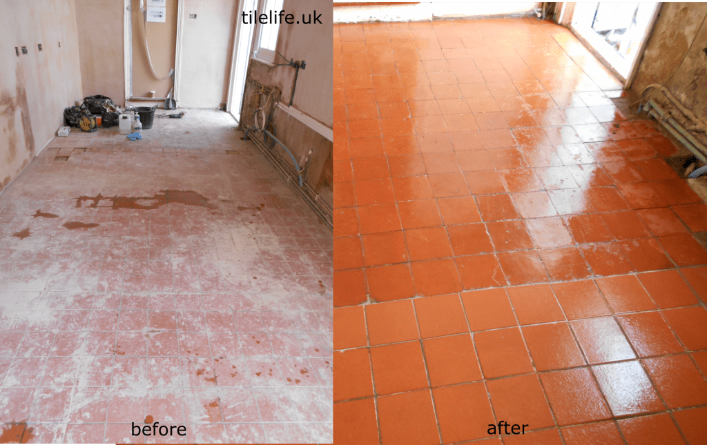 Quarry tiles that had allot of plaster and cement residue cleaned, sealed and waxed in Hertfordshire