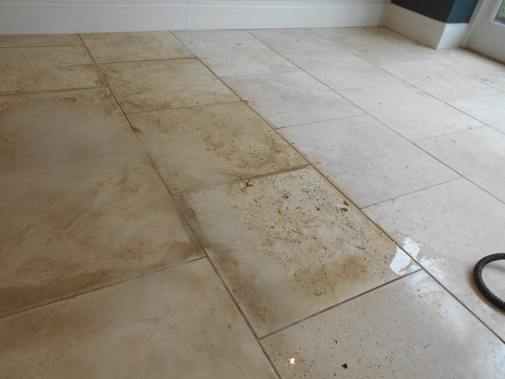 chemical and steam cleaning of this Travertine Limestone that draws out dirt from deep in the tiles