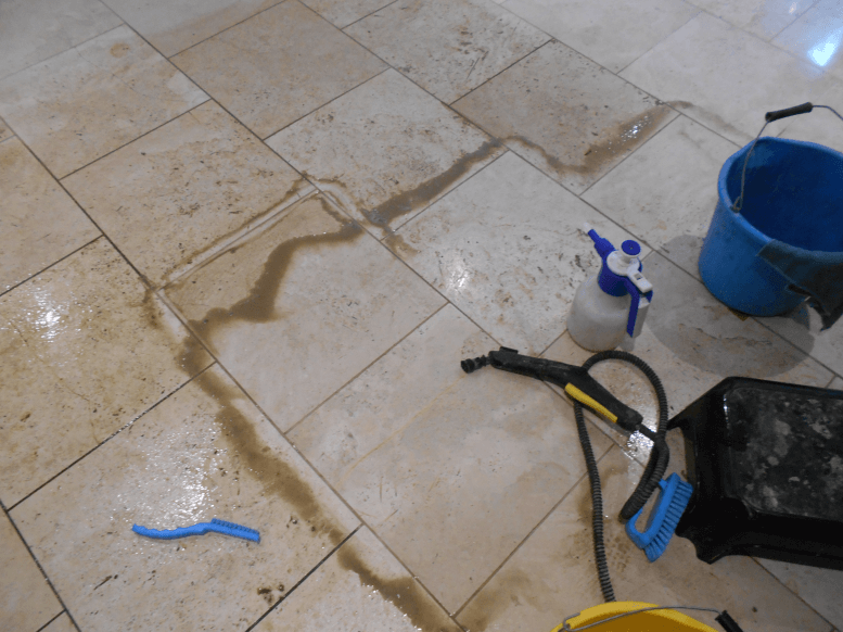 travertine limestone tiles grout lines being deep cleaned