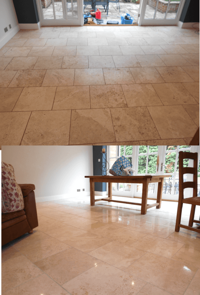 limestone tiled floor before and after from polishing and cleaning
