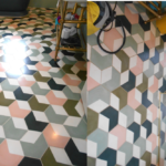 unique hexagon cement tiles in pink, grey, brown colors. Before and after pic after deep cleaning and sealing in Muswell Hill N10