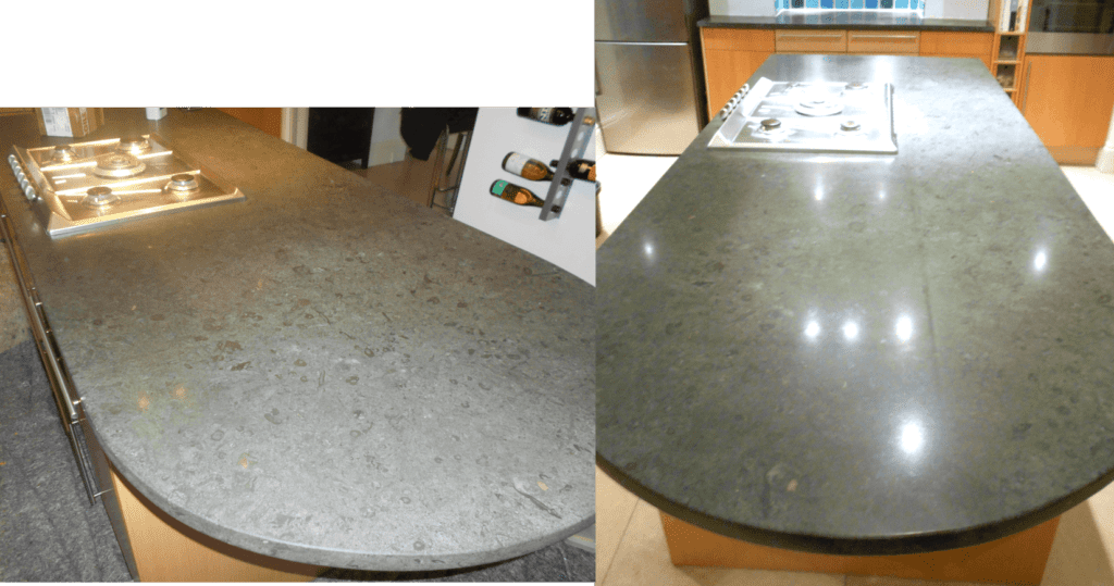 Dark limestone worktops resurfaced and polished in Crouch End London
