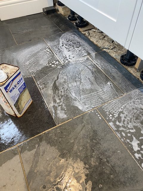 using Wax Off solvent to remove built up tile waxes on slate tiles