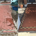 Red original herringbone style design in rectangle tiles on this pathway in NW London that have been restored. Pic shows before and after and the results are stunning