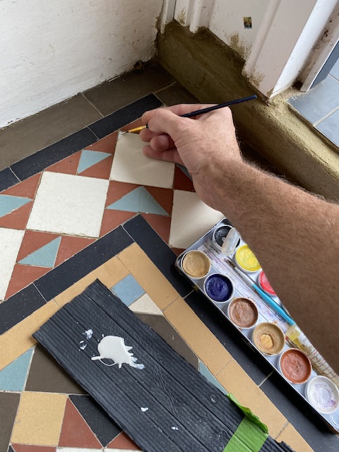 color matching and filling chips in Victorian geometric hallway tiles in W4 Chiswick