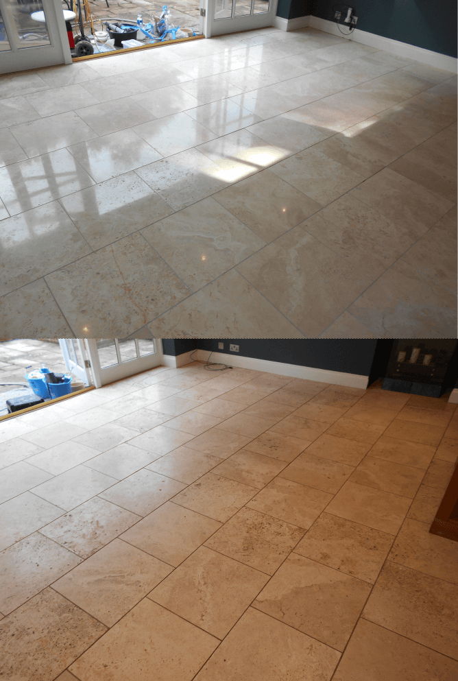 These limestone travertine floor tiles had not been touched for 20 years. I steam cleaned everything and then polished them back up. It looked like a completely different floor!