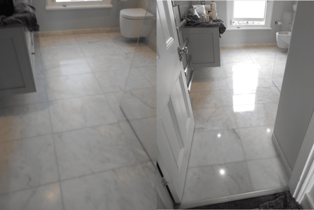 This white marble bathroom tiled floor was crystallized to get that extra high shine