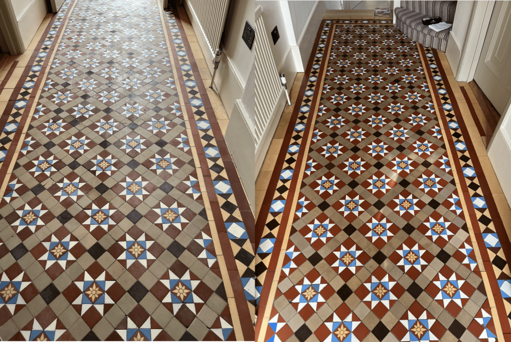 geometric hallway deep cleaned and sealed. An attractive tiled hallway with brown , red, blue , white and yellow tiles in a star like geometric pattern. These tiles were restored and color enhanced with a special enhancer to really bring out the color