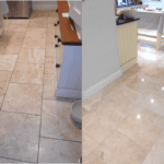 travertine limestone tiles completely restored and polished near Hemel Hampstead. Yellow limestone tiles where dull and drab but now look alive and bright