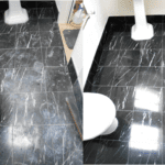 Deeply etched black marble bathroom floor tiles completely restored , polished and deep sealed Crouch End London