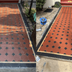 Victorian red octagon pathway deep cleaned and color enhanced. Before and after pics of drab dull pathway tiles that look stunning rich and alive now after restoration