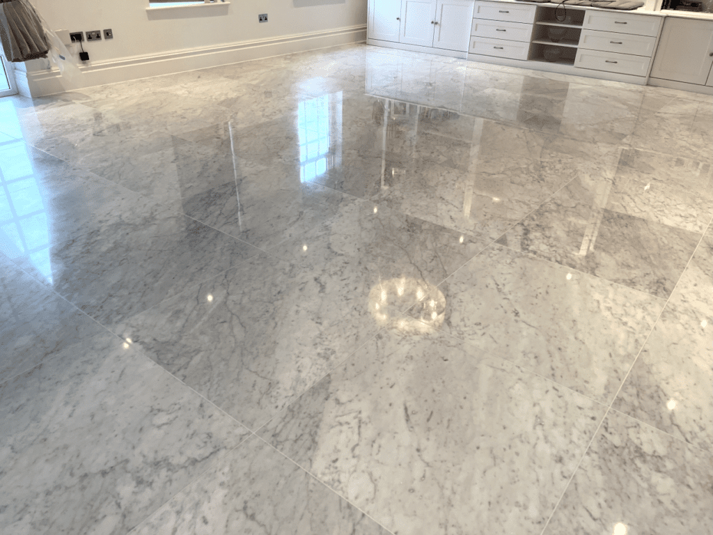 stunning large format cararra marble tiles resurfaced and polished to a high shine near Potters Bar 