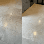 small kitchen with travertine tiles in St Albans that we refurbished. Grout lines where scrubbed, holes filled, tiles polished and deep sealed to perfection