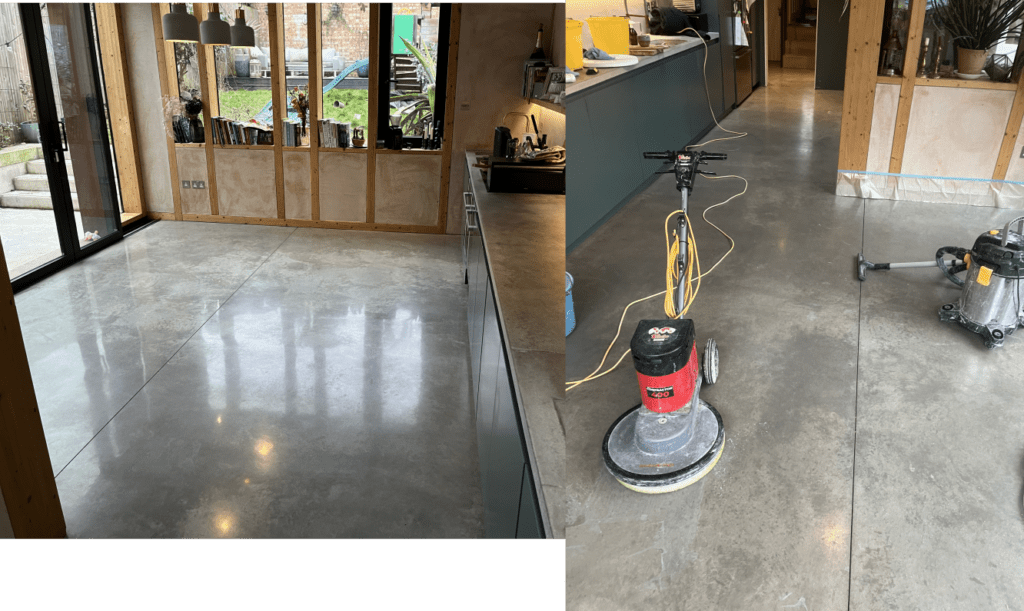 polished concrete floor restoration job undertaken in Crouch end N4. Pic shows before and after with nice shine and consistent look. 