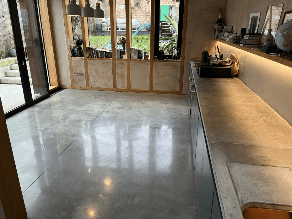 polished concrete floor restored and sealed in Crouch End N4. Floor is nice and shiny after polishing