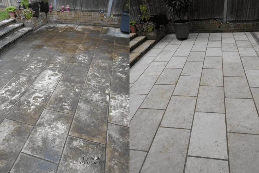 limestone patio tiles deep cleaned, mould removed and sealed in Muswell Hill North London, tiles look brand new after the restoration work