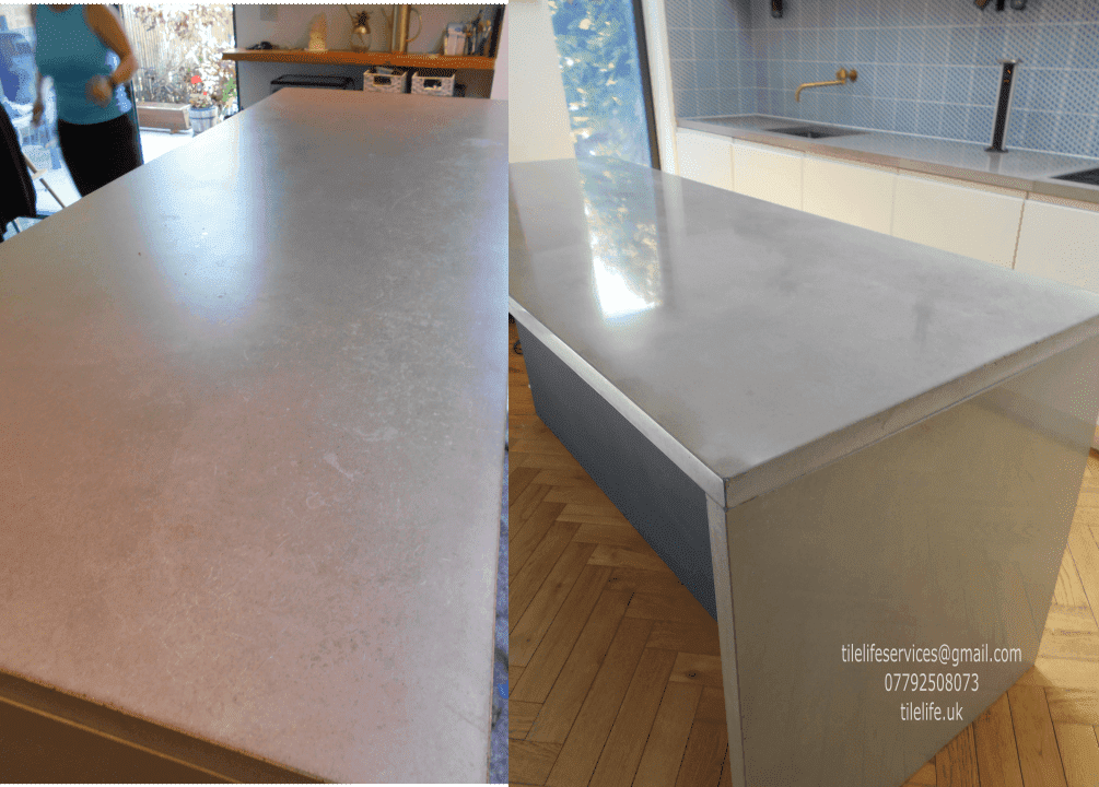 a standard grey concrete worktop polished up near Beaconsfield. Pic shows slightly dull before and natural sheen / shine after polishing- concrete worktop polishing service Beaconsfield
