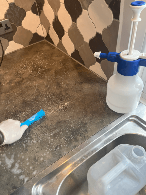 alkaline detergent and chemical strip and clean to limestone marble worksurfaces