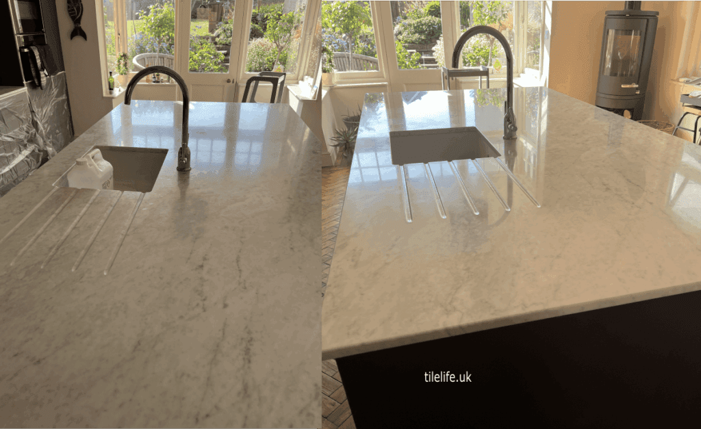 Quartz manmade composite kitchen worktops polished and sealed in Buckinghamshire- pic shows before and after
