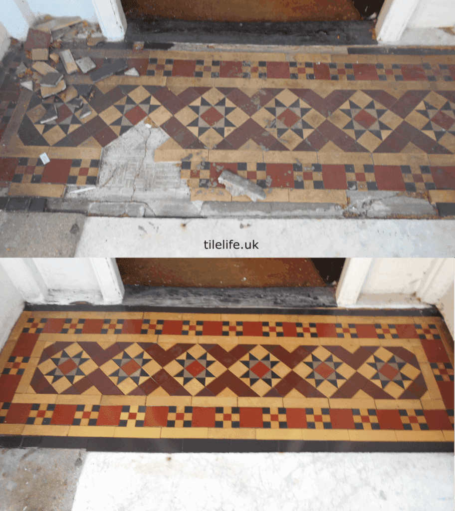 colourful original Victorian porch step tiles repaired, deep cleaned and sealed North London Crouch end
