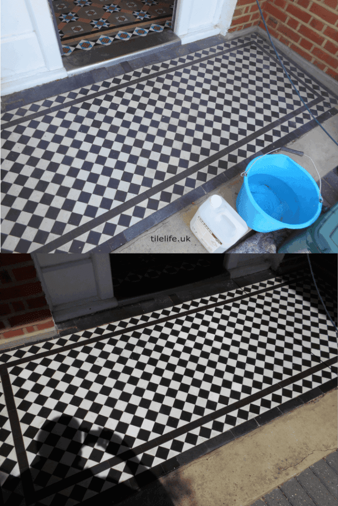 black and white original Victorian tiles on porch step fully restored. Deep cleaned , repaired and sealed. West London Chiswick