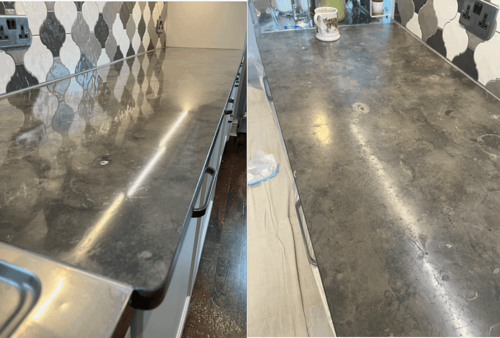grey marble worktops that where resurfaced and polished to super high shine in Buckinghamshire. pic shows before and after the restoration