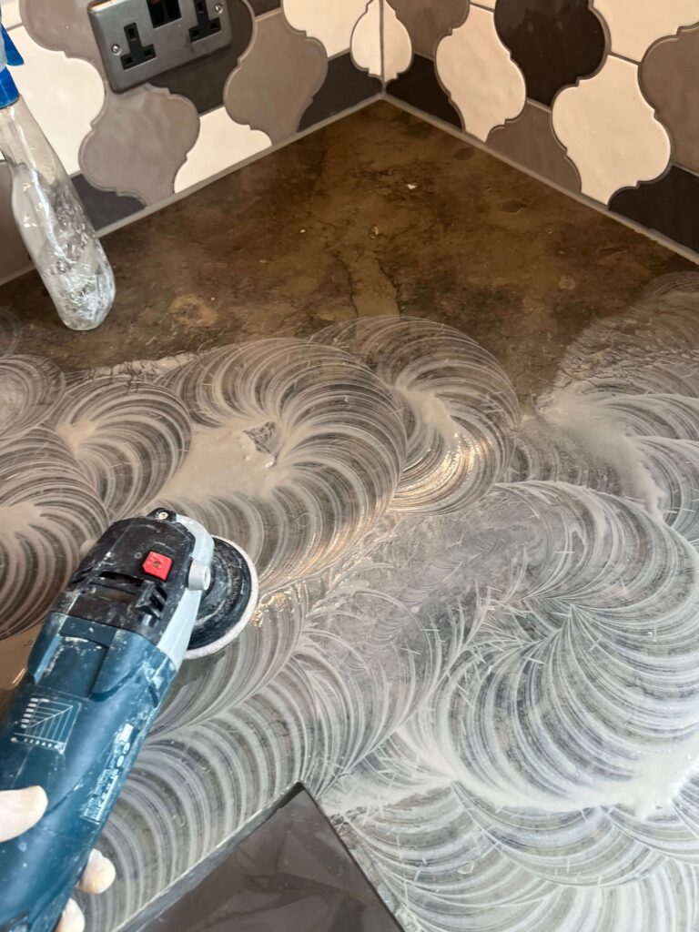 resetting and resurfacing process of marble limestone kitchen worktops with diamond abrasive pads